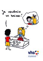 Foto: vhs-Anzeige mit Personen in Bäckerei für Französischkurse