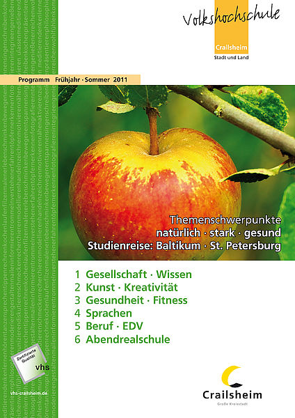 Titelseite Programm vhs Crailsheim Frühjahr/Sommer 2011 (rotgelber Apfel am Zweig)