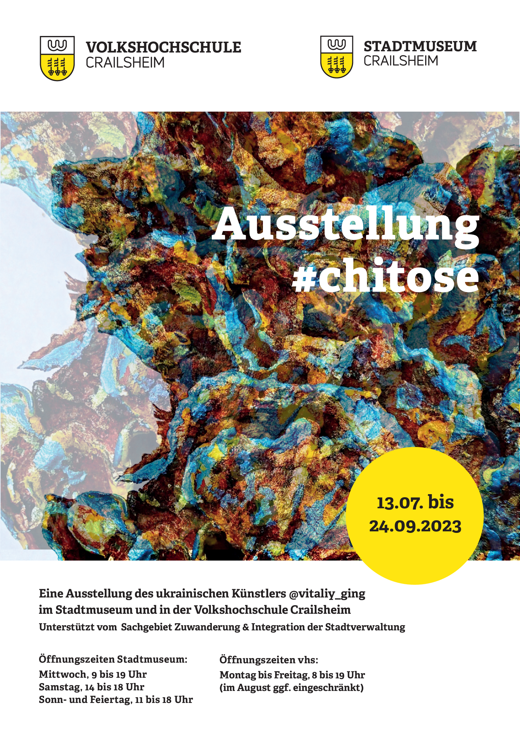 Plakat zur Ausstellung CHITOSE von vhs Crailsheim und Stadtmuseum Crailsheim (Bemalte Baumpilze)