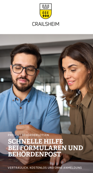 Titelbild Flyer Behördenlotsen (Mann und Frau im Gespräch)