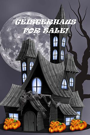 Geisterhaus mit Kürbissen davor nachts bei Mondschein