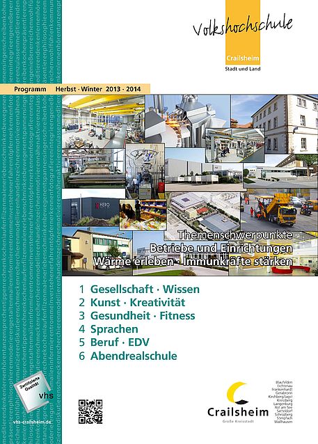 Titelseite Programm vhs Crailsheim Herbst/Winter 2013 (Fotocollage Crailsheimer Betriebe und Einrichtungen)