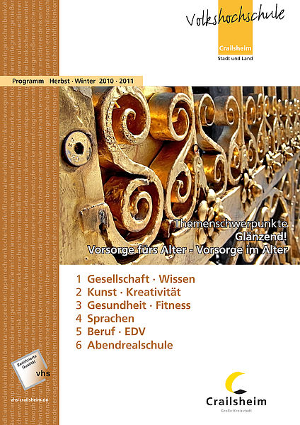 Titelseite Programm vhs Crailsheim Herbst/Winter 2010/11 (goldfarbiges verschnörkeltes Ornament)