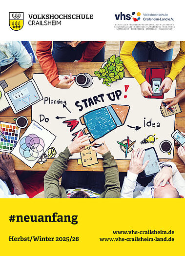 Titelseite Programmheft Herbst/Winter 2025/26 (verschiedene Personen beim Brainstorming zum Thema Neuanfang)