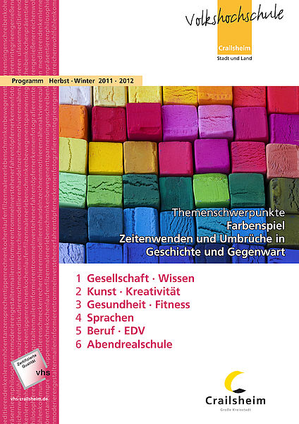 Titelseite Programm vhs Crailsheim Herbst/Winter 2011/12 (bunte Farbblöcke aus Malkasten)