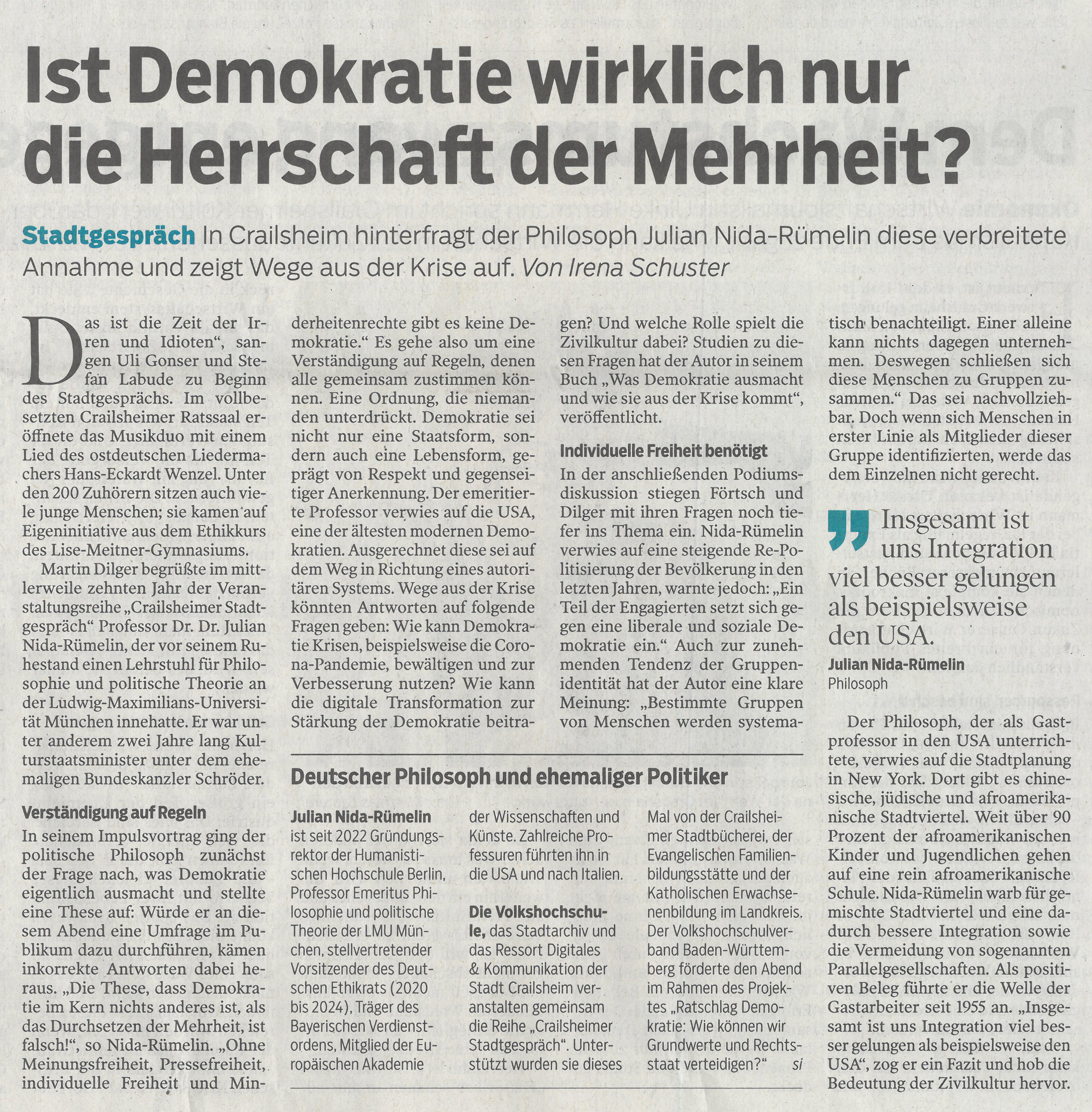 Zeitungsbericht zum Crailsheimer Stadtgespräch mit Prof. Dr. Julian Nida-Rümelin