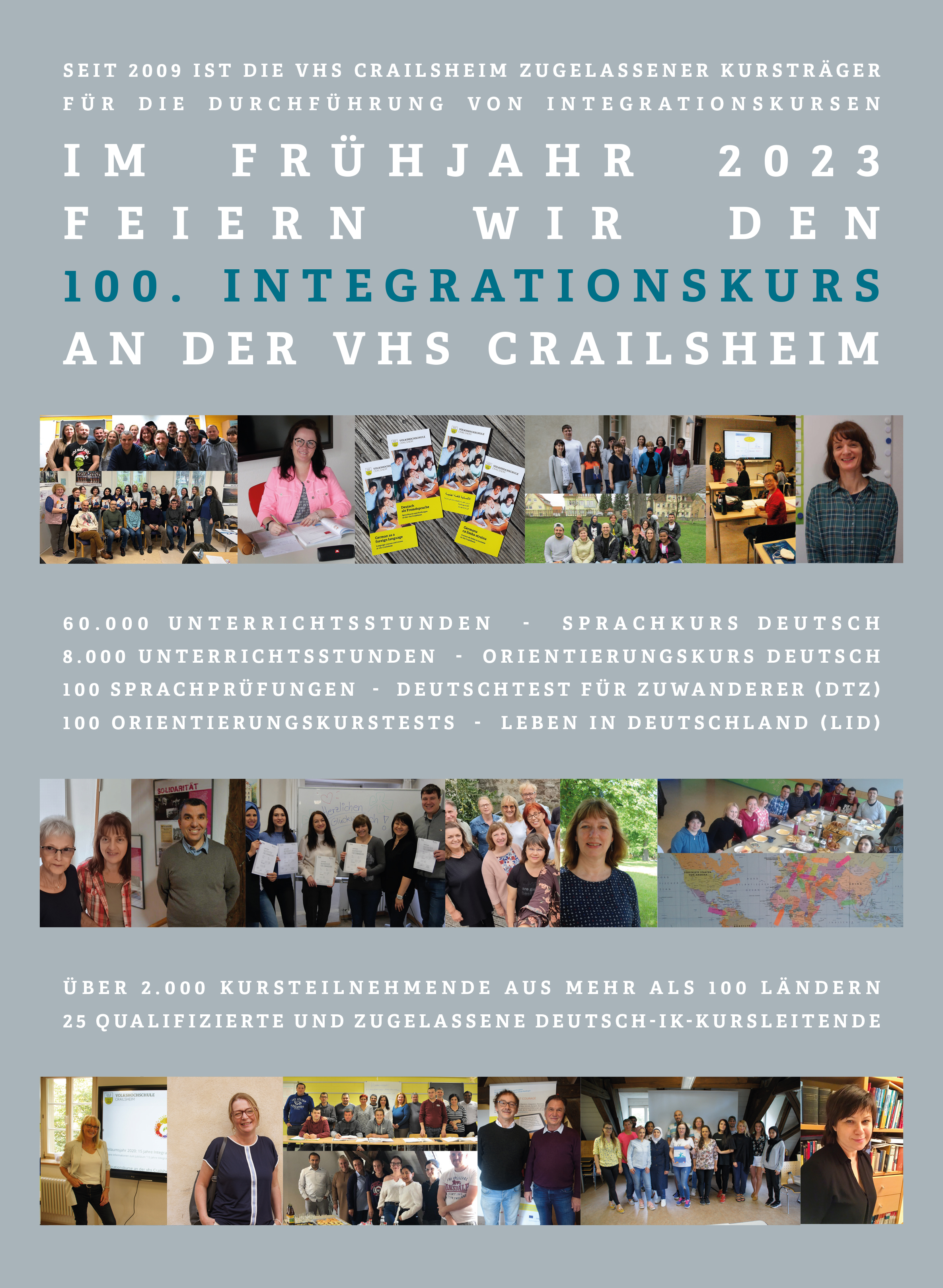 Plakat zum 100. Integrationskurs an der vhs Crailsheim mit unseren Dozent*innen und Kursgruppen